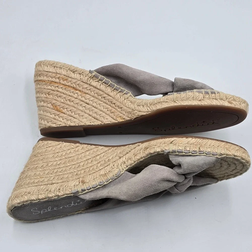 Splendid Sandals Womens 8 Espadrille Wedge Grey Suede Knotted Bow Slide EUC Boho